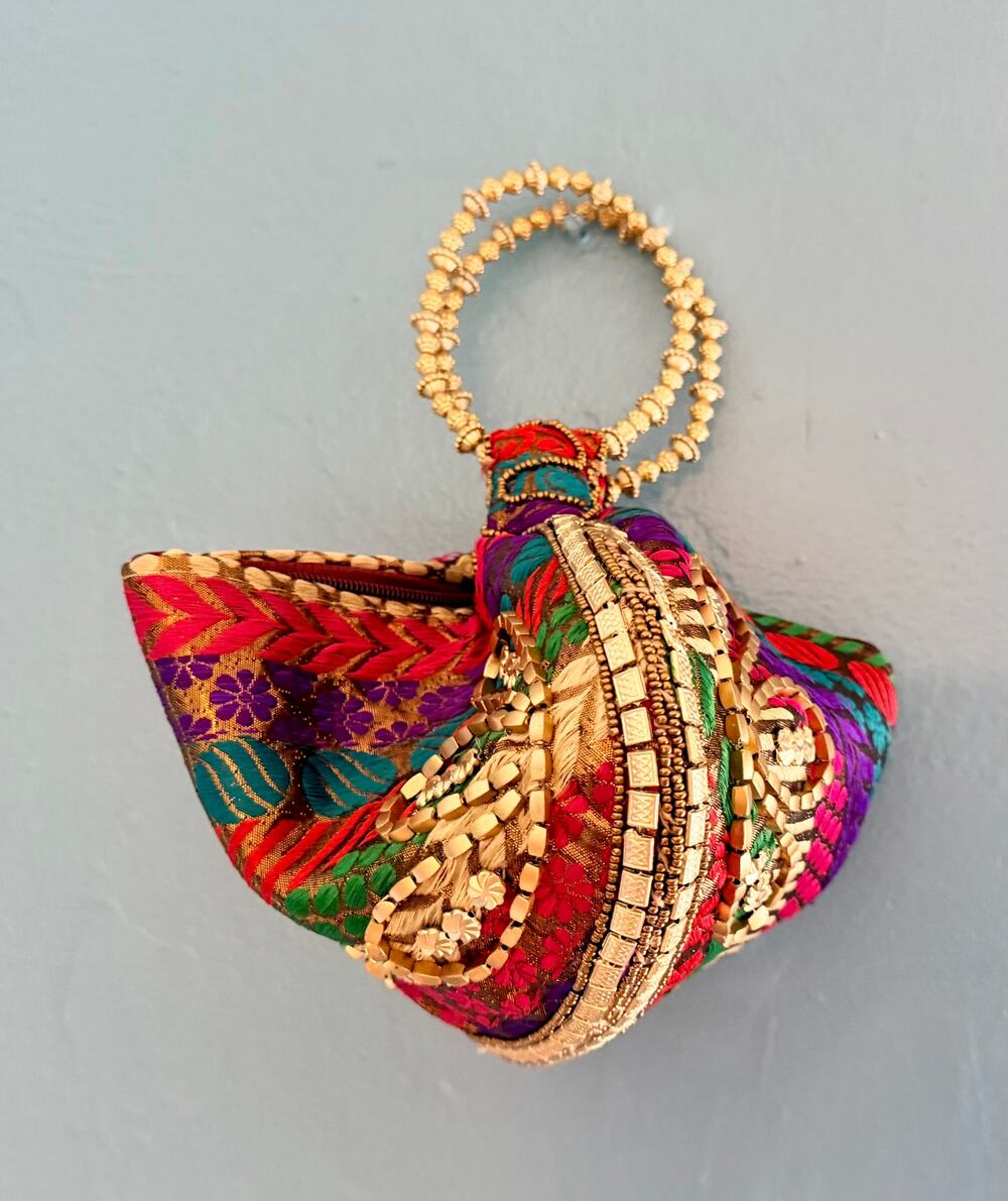 Fortune Cookie Indian Batwa Pouch Wristlet Bag Zardozi Embroidered Brocade